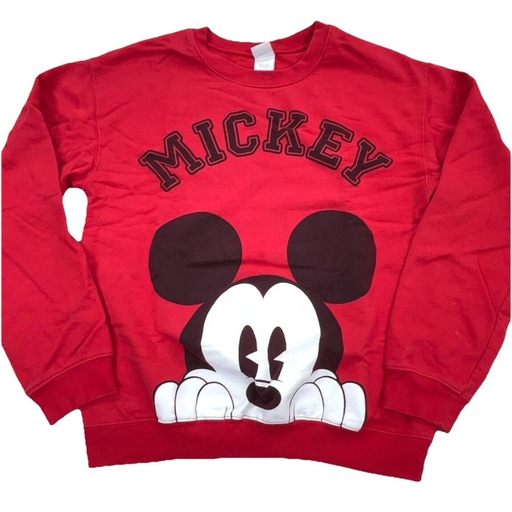 Disney Sweatshirt Women Medium Red Crew Neck Sweater Mickey Mouse Big Logo AOP *